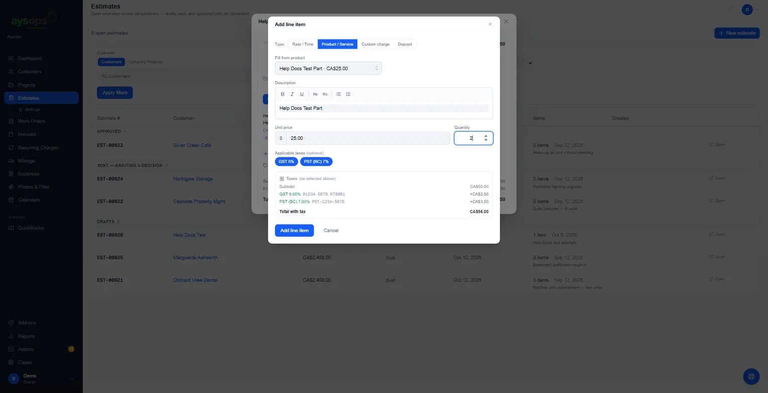 Adding a Product / Service line