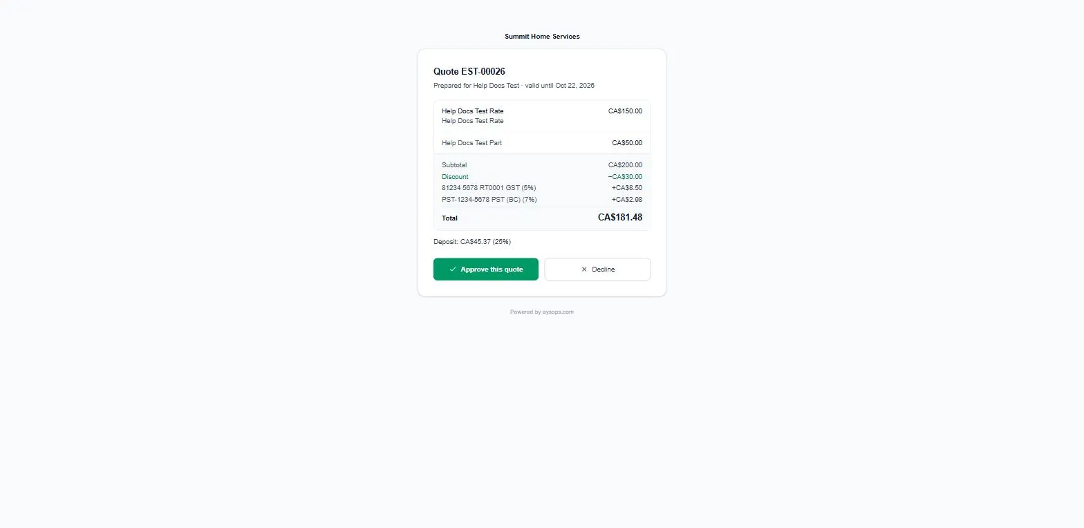 The customer’s quote page