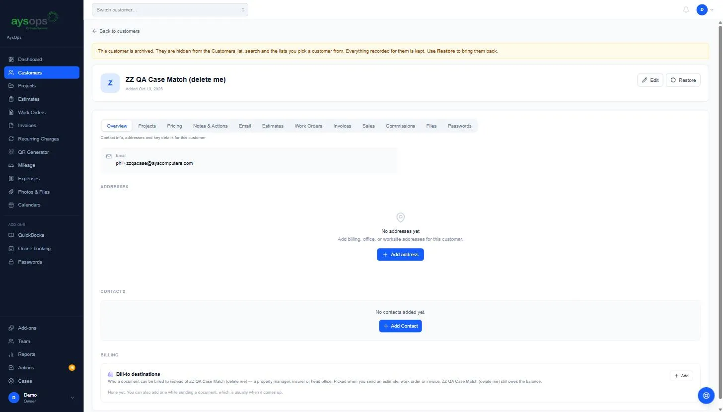 An archived customer, with Restore
