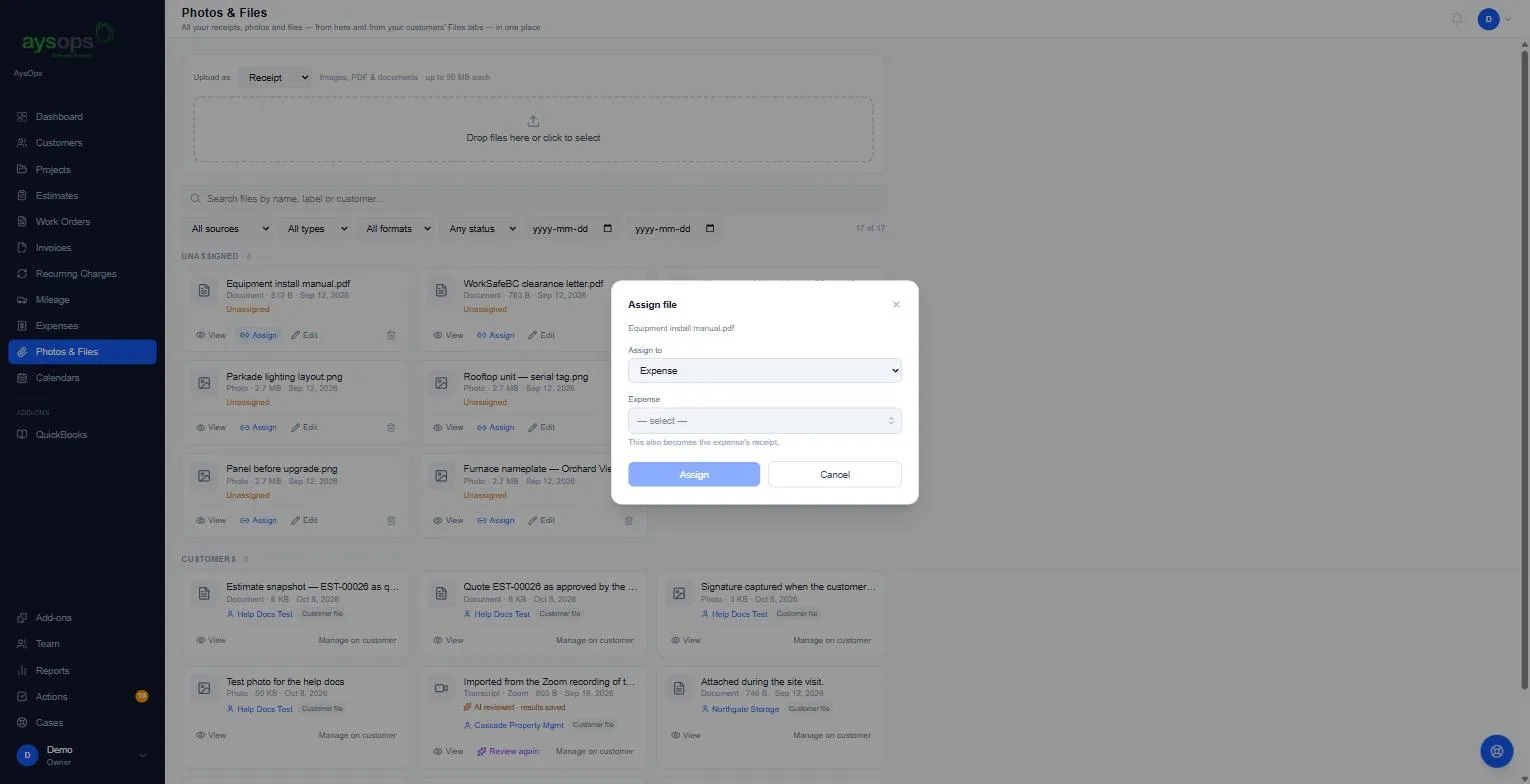 The Assign file dialog