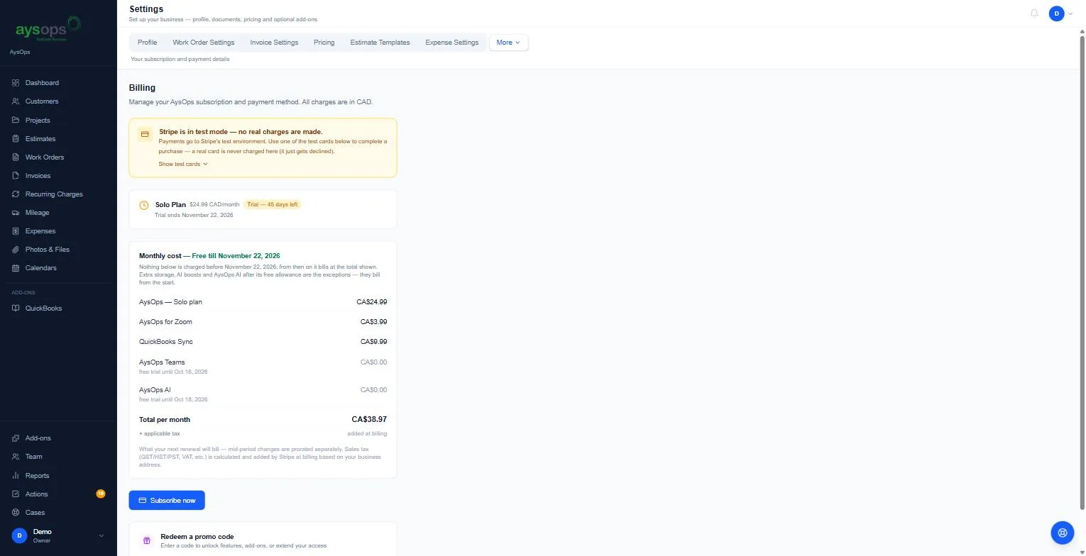 The Billing page