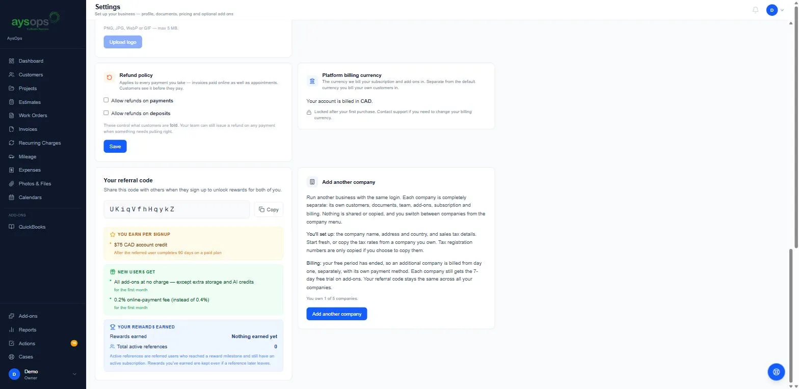 Refund policy, billing currency, referral code and Add another company