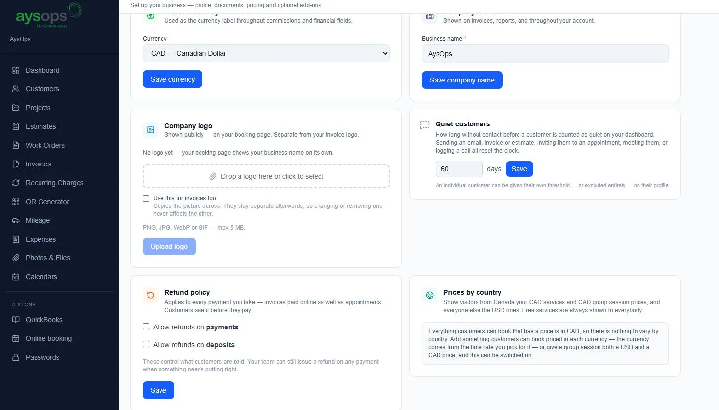 Company logo, Quiet customers, Refund policy and Prices by country