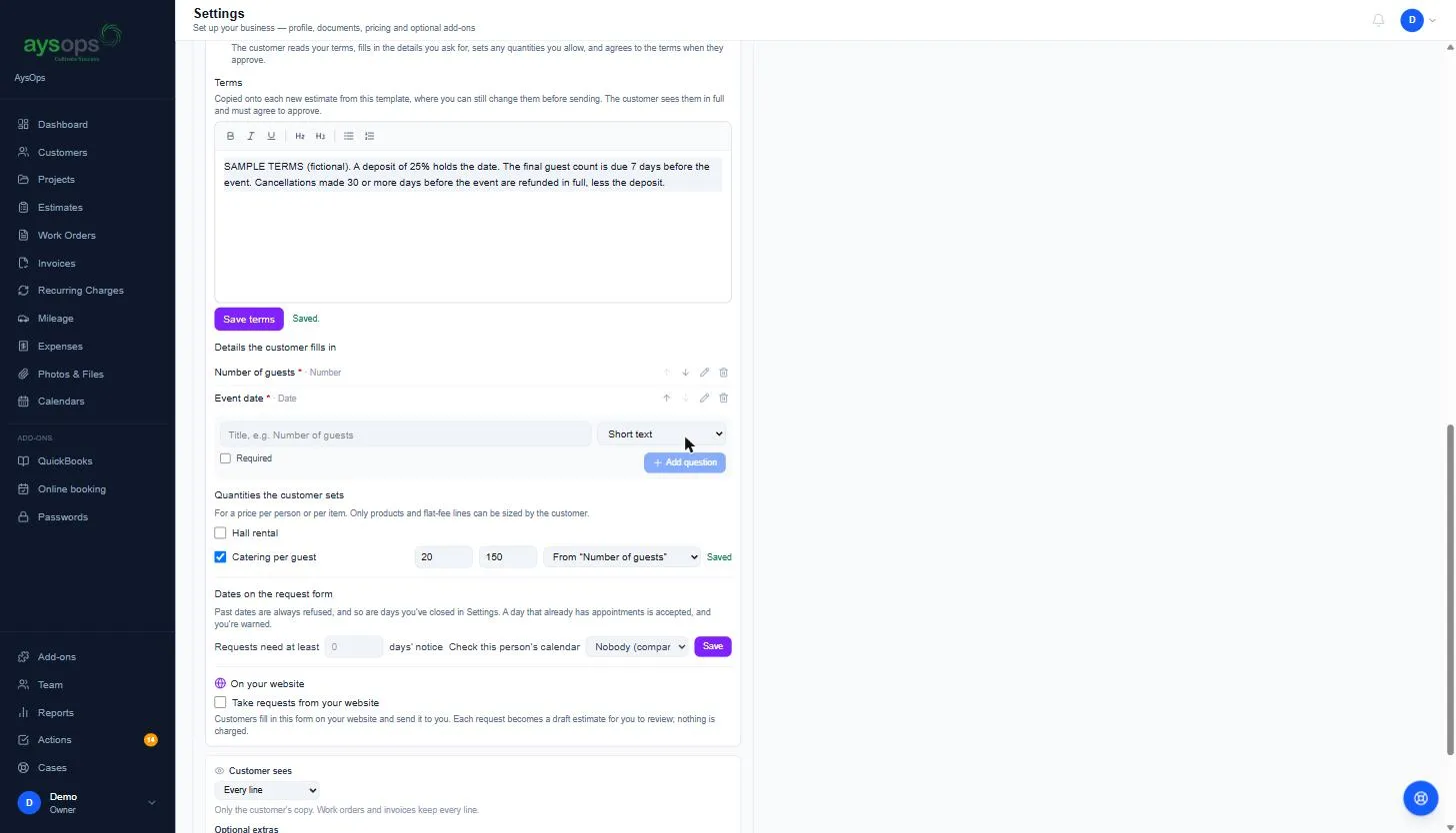A contract template with terms, questions and a quantity the customer sets