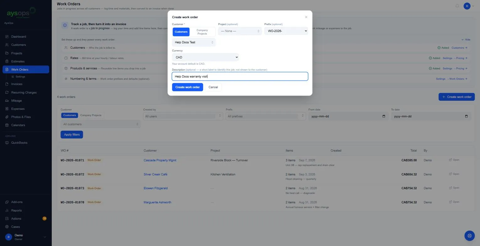 The Create work order form, filled in