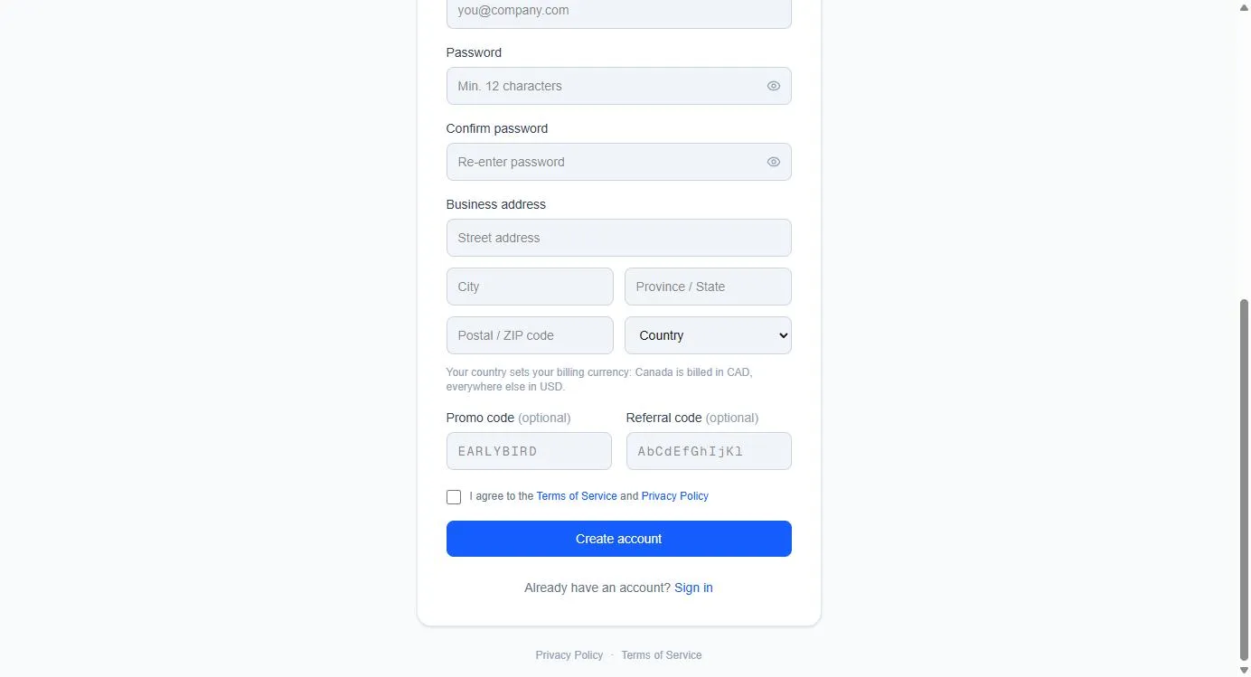 The bottom of the form: address, codes and the agreement