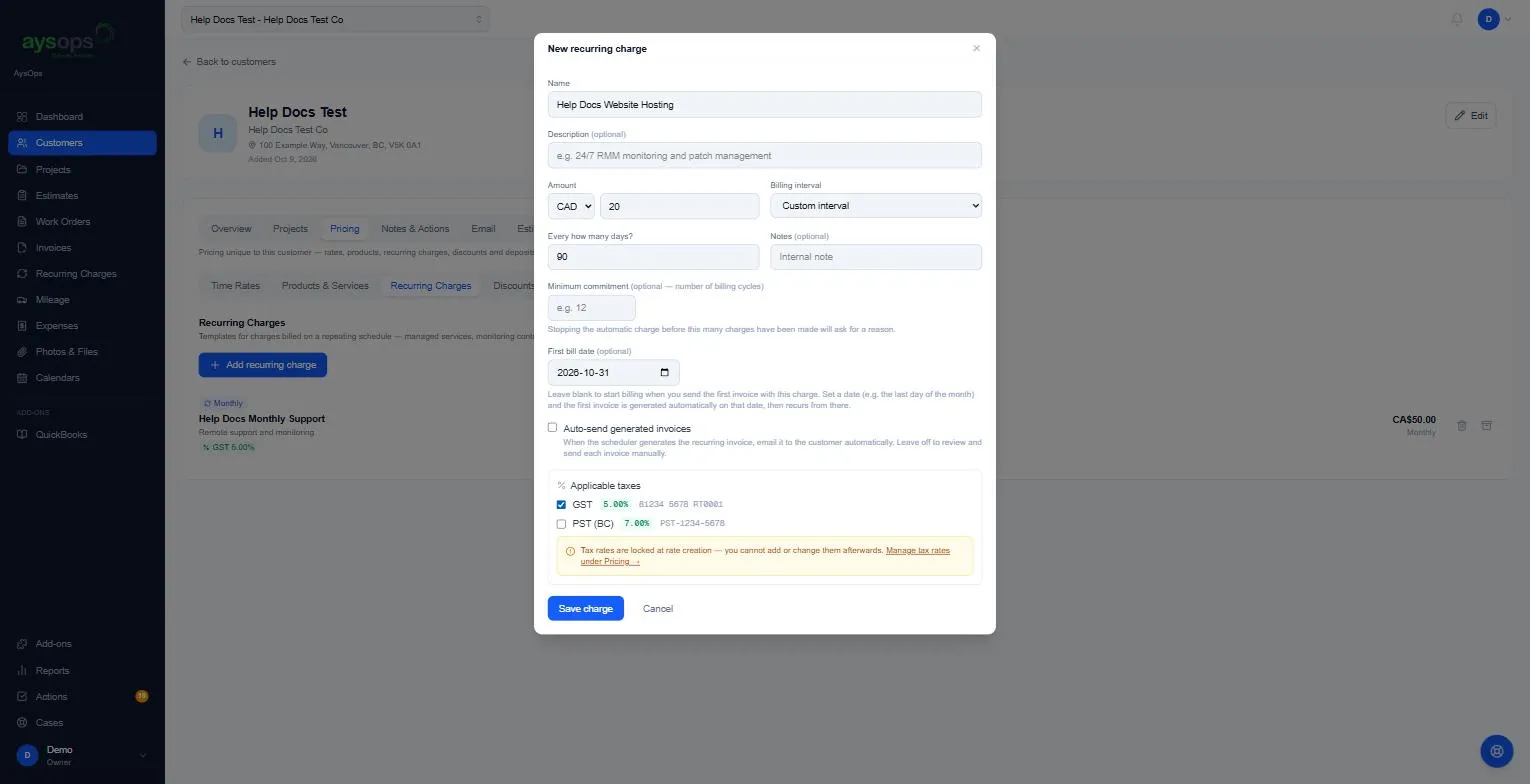 The New recurring charge form with a first bill date