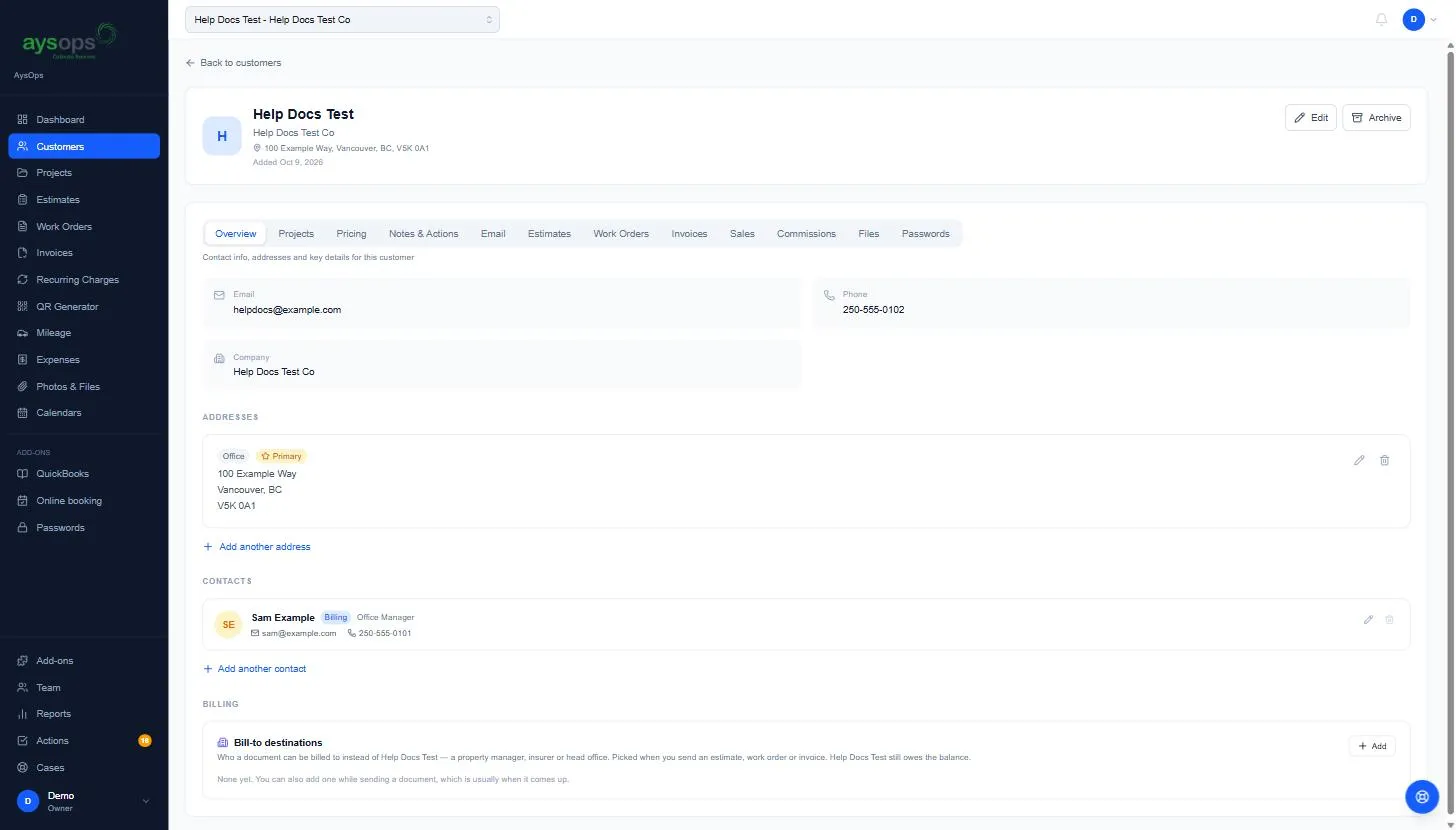 A customer’s page, Overview tab