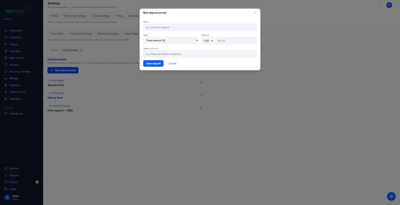 The New deposit preset form