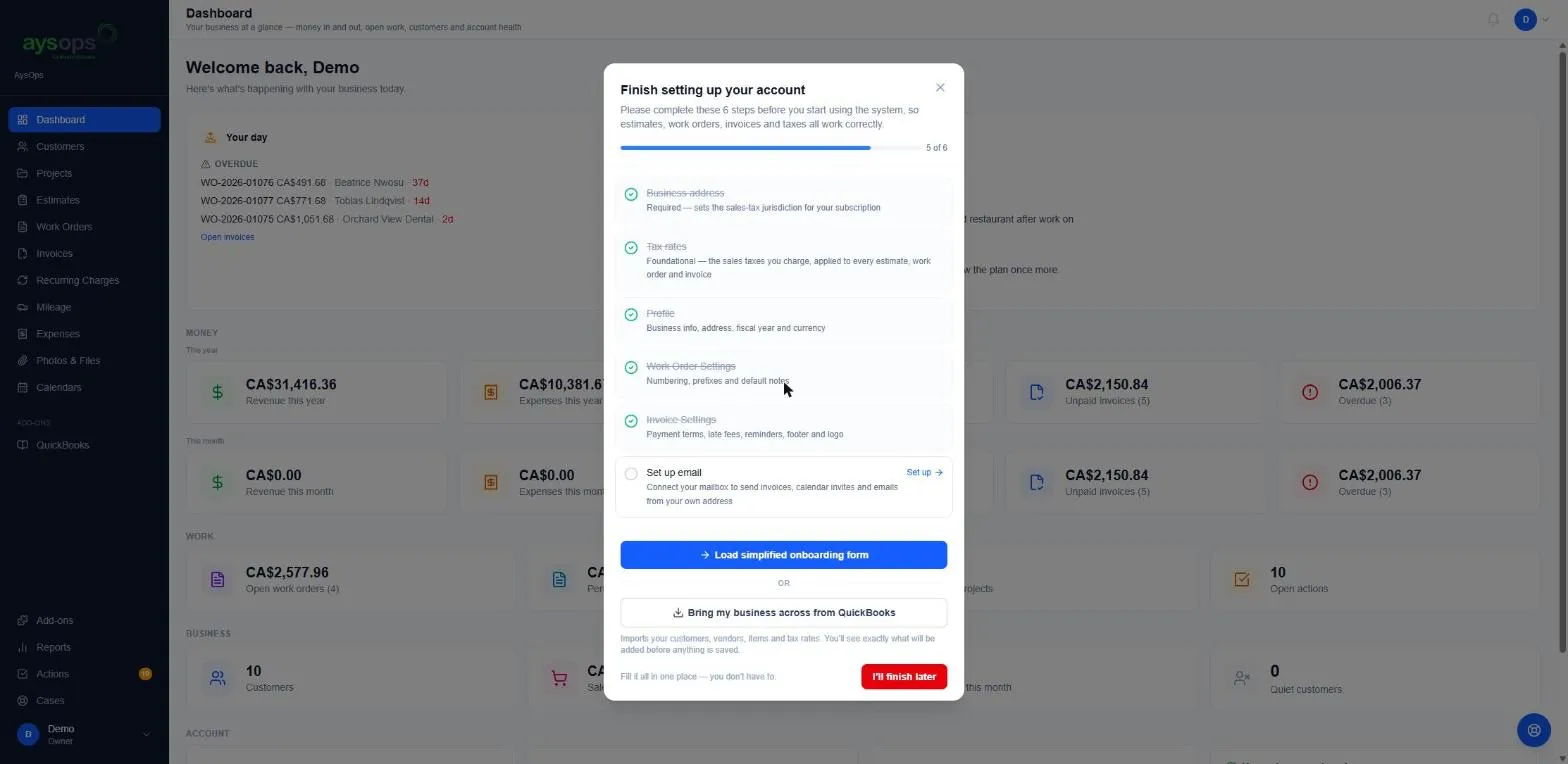 The Finish setting up your account checklist