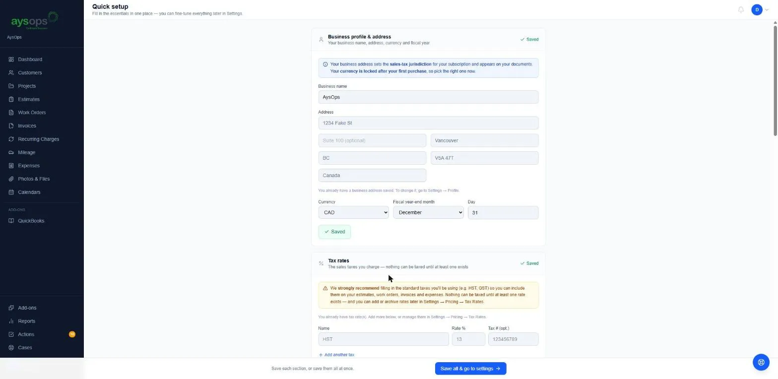 The Quick setup page