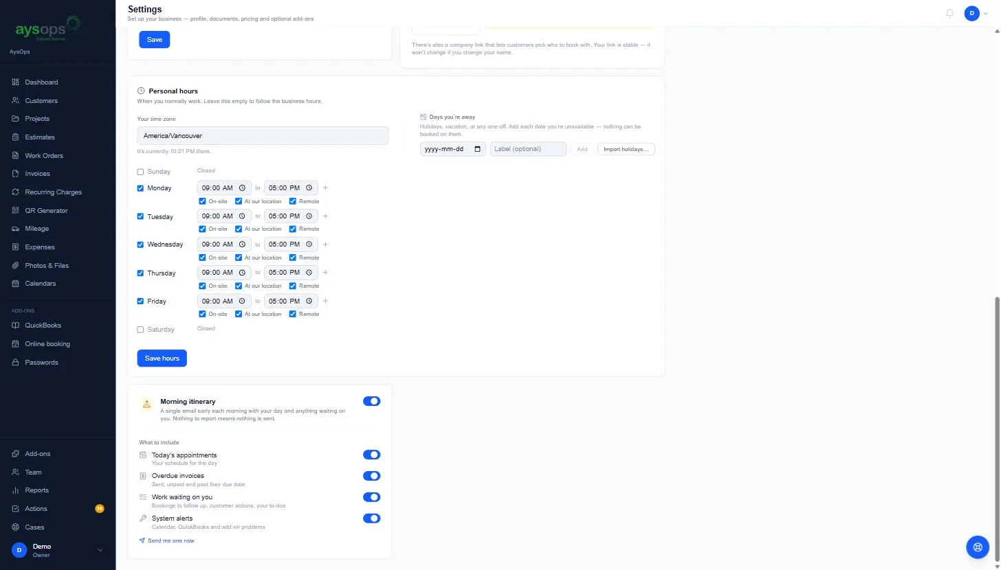 Morning itinerary settings