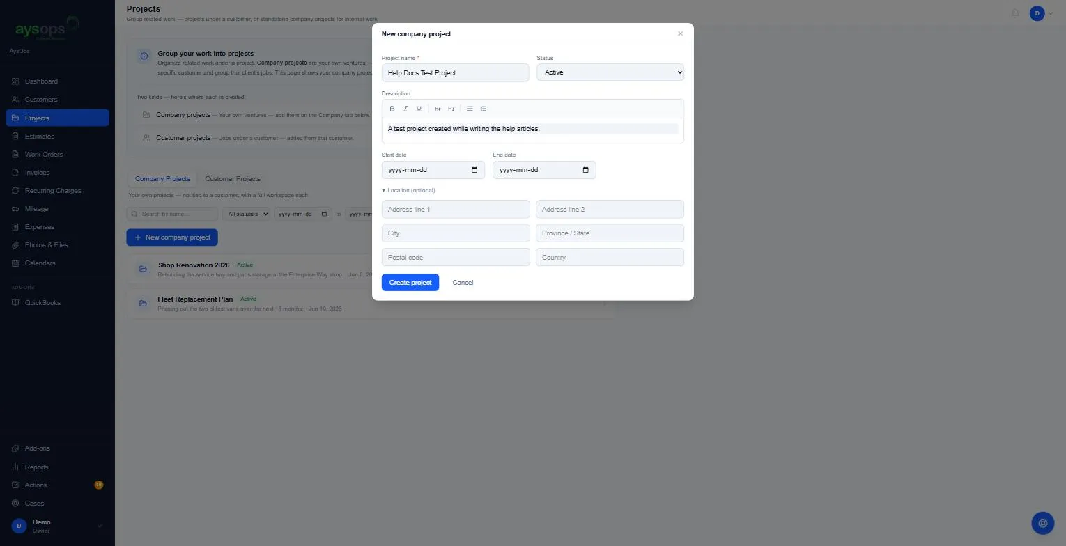 The New company project form