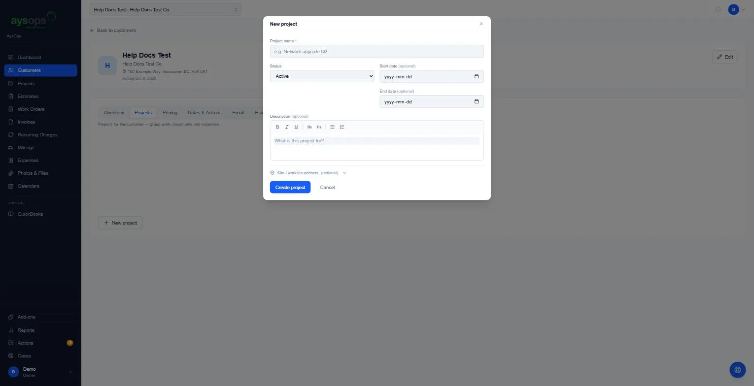 The New project form on a customer