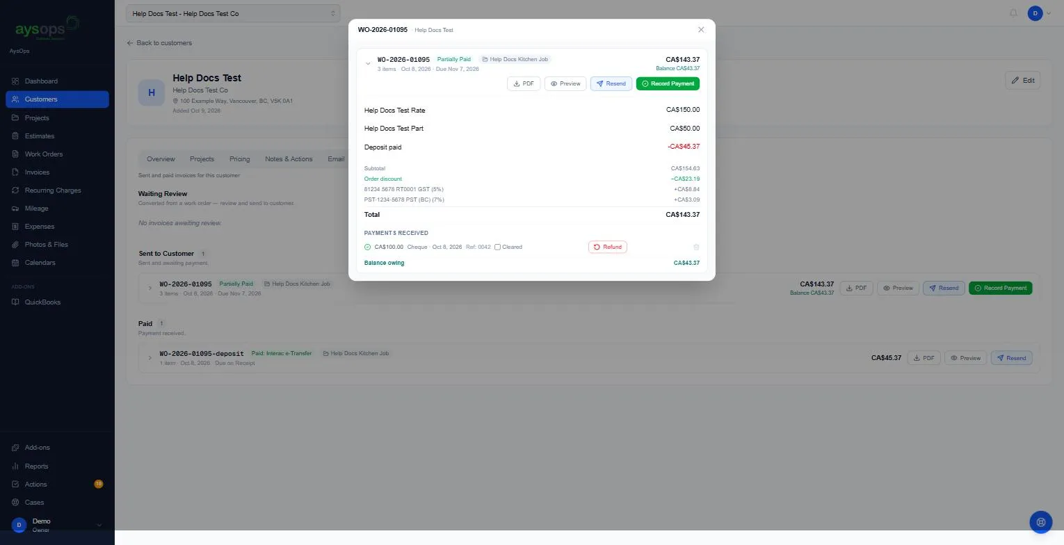 Payments received on an invoice