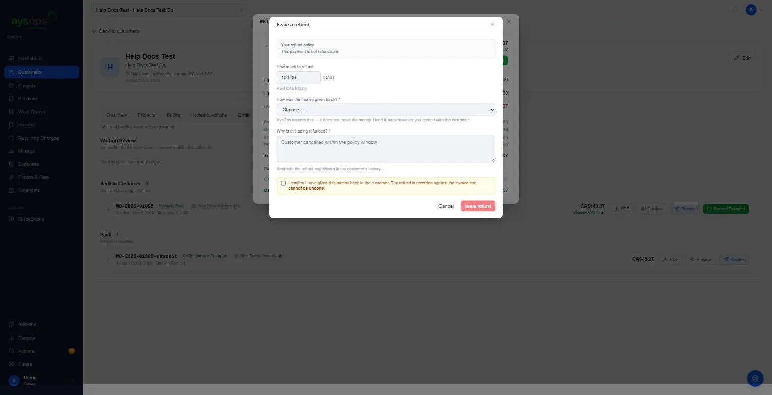 The Issue a refund form