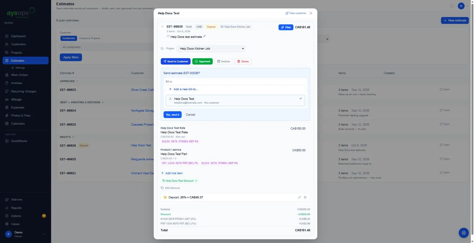 The Send estimate box with a Bill to choice
