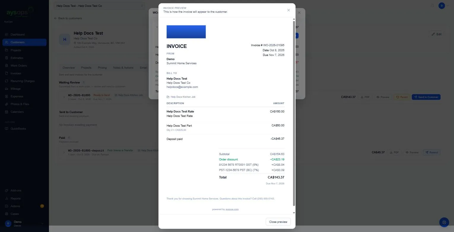 Previewing an invoice