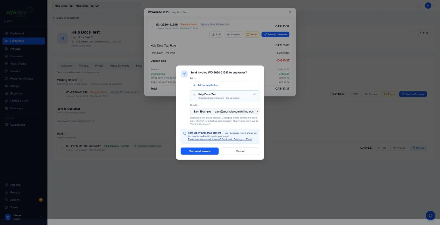 The Send invoice box