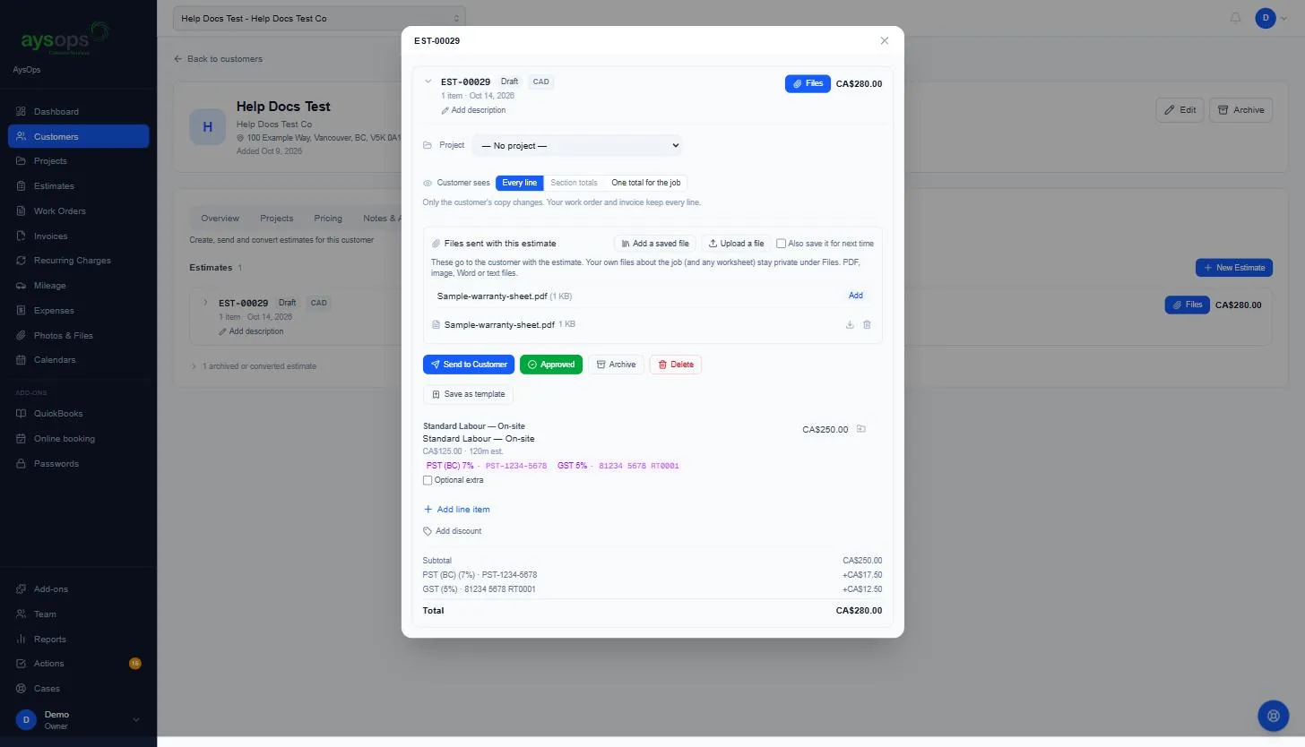 A file added to an estimate