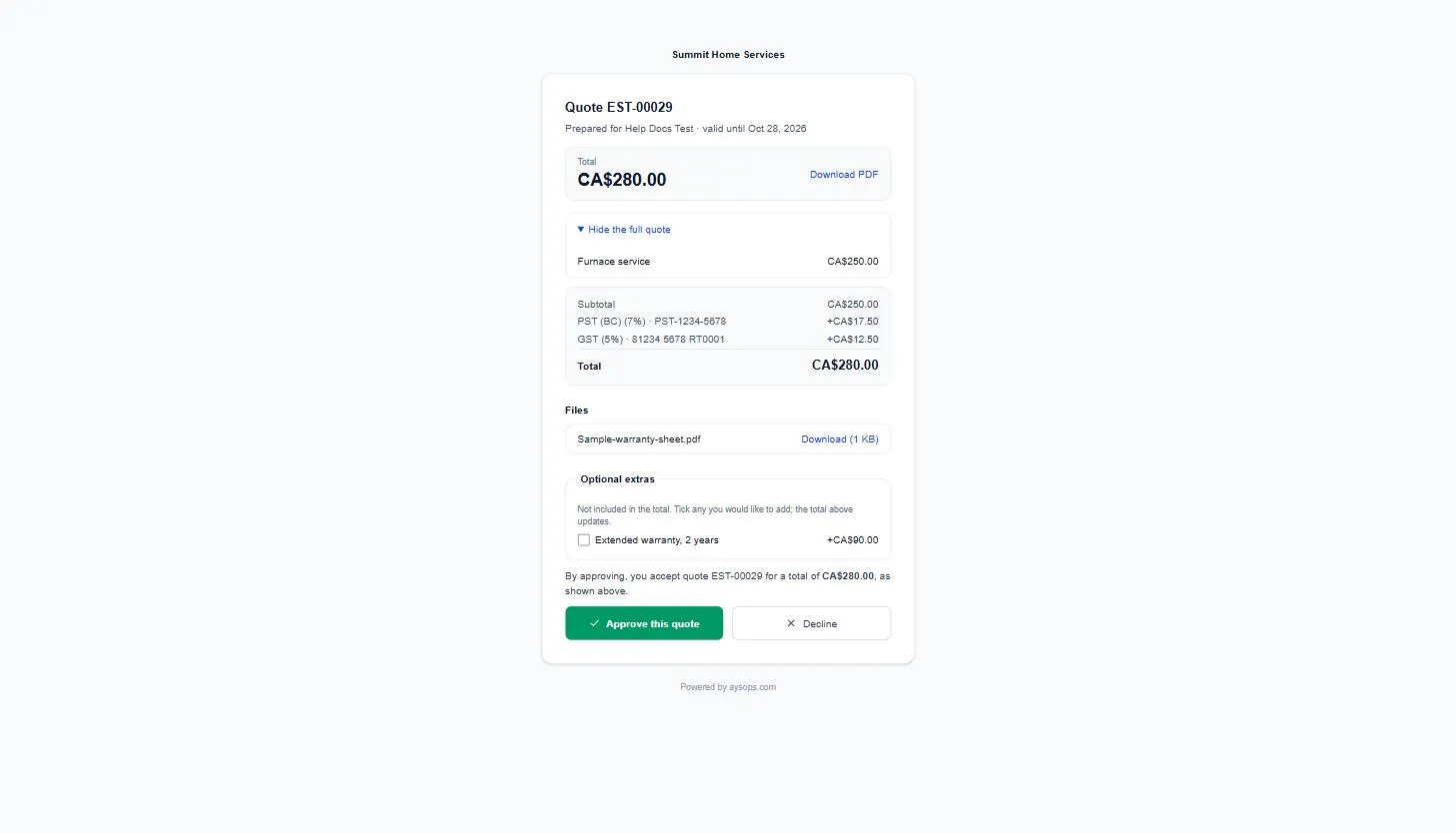 The customer’s quote page: one total for the job, with an optional extra