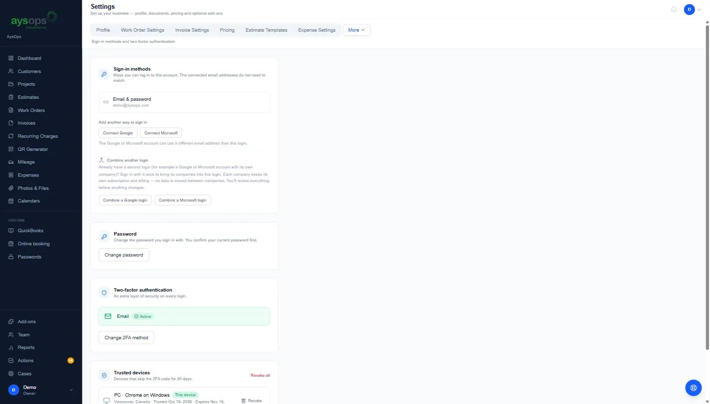 Sign-in methods in Settings → Security
