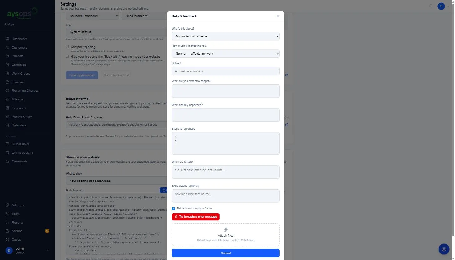 The Help & feedback form for a bug
