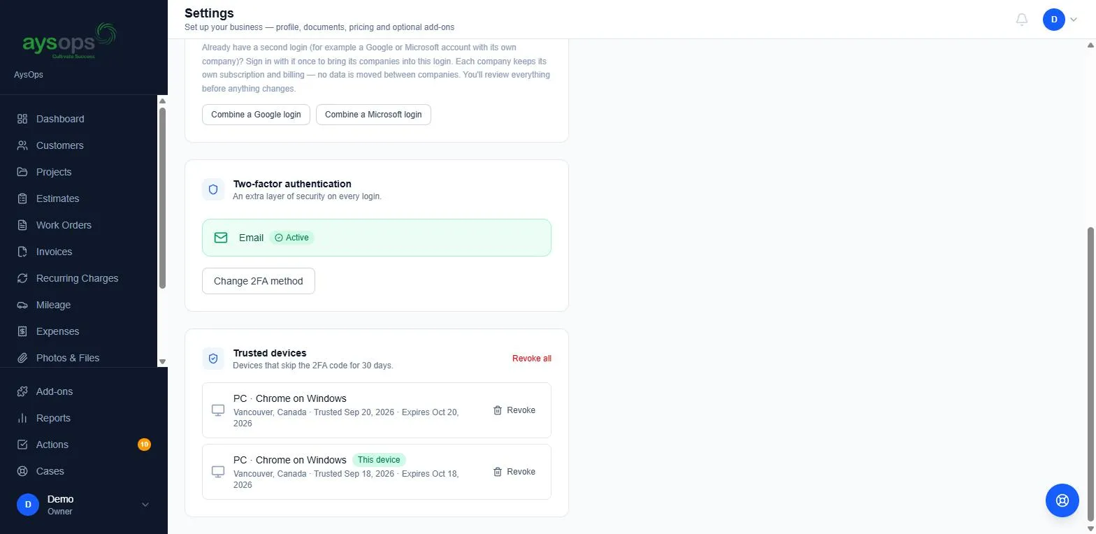 Two-factor authentication and trusted devices in Settings → Security