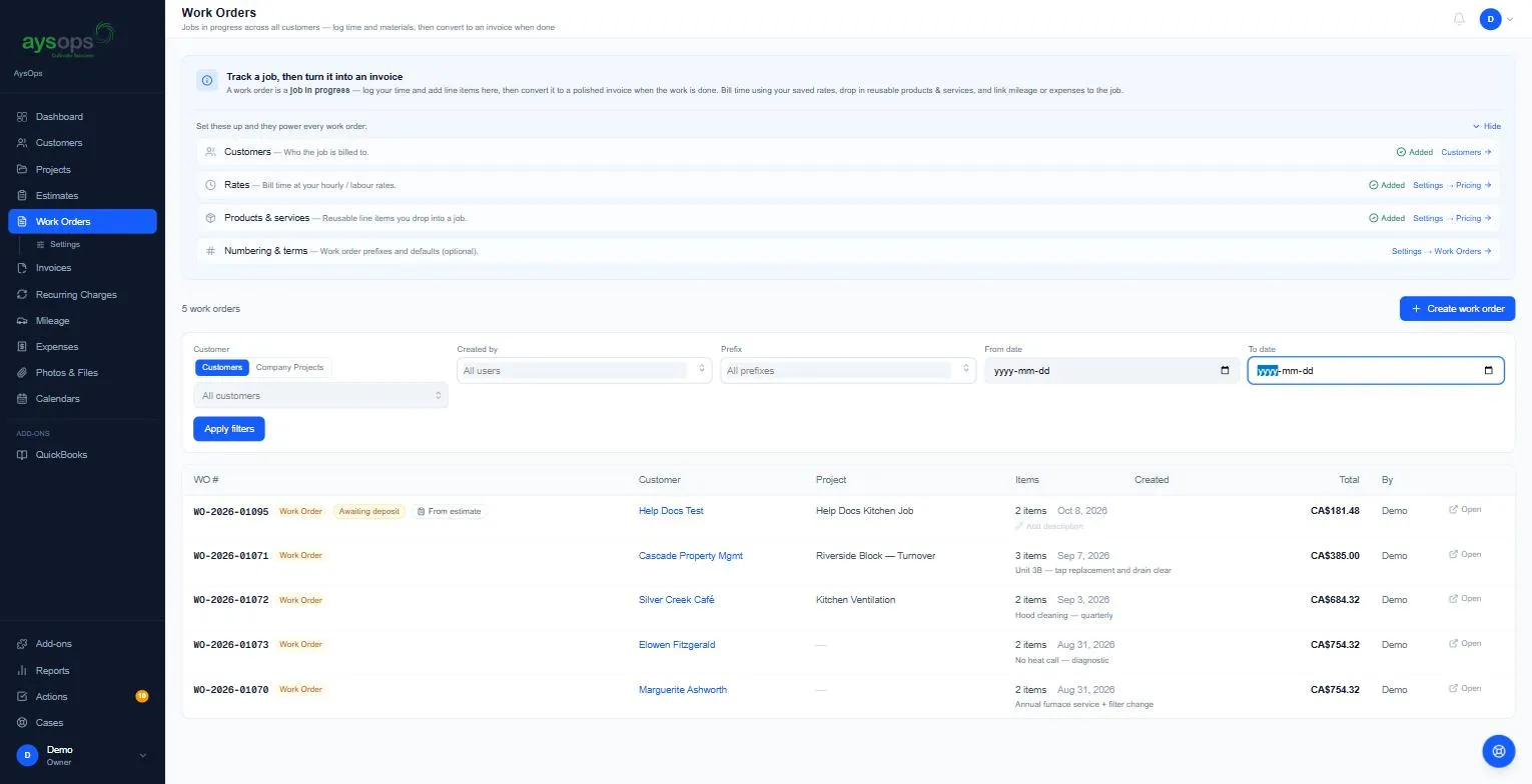 The Work Orders page